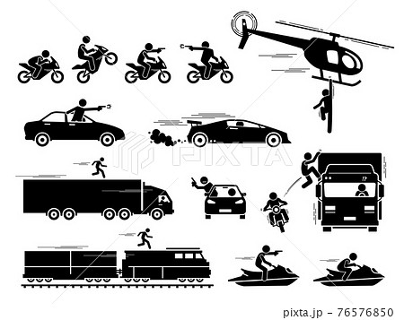 Movie action hero car motorcycle chase scene. Vector of people chasing and shooting with gun at car, motorcycle, and jet ski. Stunt man hanging on helicopter and running on top of train and truck. 76576850
