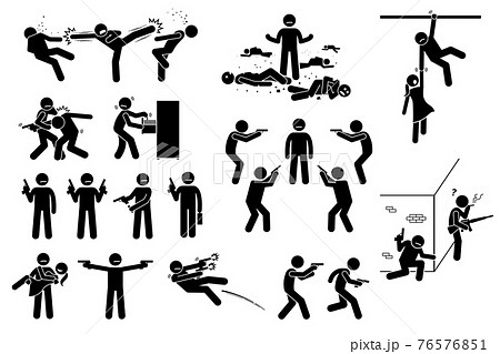 Movie action hero fight scene. Vector clipart of man fighting many bad people. He is surrounded but beat the gangs. The stick figure action hero use gun in different poses. He is strong and skillful. Movie action hero fight scene. Vector clipart of man fighting many bad people. He is surrounded but beat the gangs. The stick figure action hero use gun in different poses. He is strong and skillful. 76576851