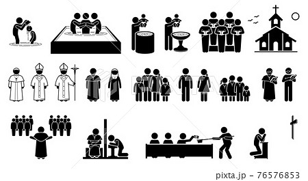 Christian religion practices and activities in church stick figures icons. Vector artwork of pope, priest, pastor, nun, and Christians followers. Cliparts of baptism, holy mass, confession and prayer. Christian religion practices and activities in church stick figures icons. Vector artwork of pope, priest, pastor, nun, and Christians followers. Cliparts of baptism, holy mass, confession and prayer. 76576853