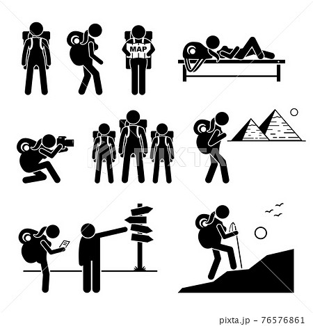 Female traveler with backpack going outdoor adventure stick figure icons. Vector depicts a tough independent woman travelling alone by reading map, taking pictures, and climbing mountain. 76576861