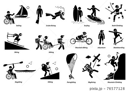 Adaptive recreational activities for handicapped or disabled people stick figure icons. Vector illustrations of extreme sports and accessible adventures for person with physical disabilities. 76577128