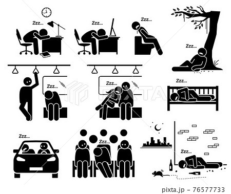 People sleeping at different places stick figure pictogram icons. Vector illustrations of a person falling asleep and taking a nap. 76577733