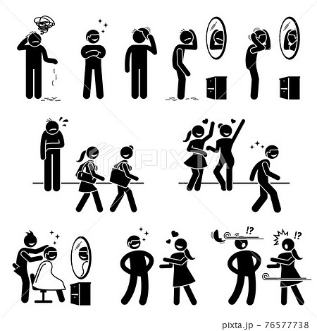 Bald man with a wig or fake hair stick figures icons. Vector illustration of an ugly sad man wearing a wig or toupee and become very handsome and happy. Bald man with a wig or fake hair stick figures icons. Vector illustration of an ugly sad man wearing a wig or toupee and become very handsome and happy. 76577738