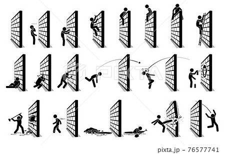 Man with a wall stick figure pictogram icons. Vector illustration concept of challenge, road block, and hurdle. 76577741