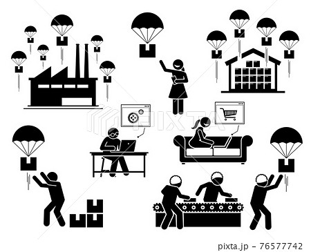 Drop shipping business model icon set. Vector illustrations of dropshipping industry whereby a girl buying product online through third party seller. Manufacturer send the package directly to buyer. 76577742