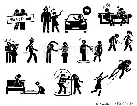 Friendzone or friend zone concept illustrations in stick figures icons. Vector graphics of a man being friend zoned by a girl that he loved. 76577747