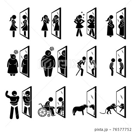 Different people looking into mirror of themselves. Vector illustrations of woman, overweight people, old man, child, muscular man, handicapped, dog, and monkey seeing a reflection of themselves. 76577752