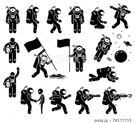 Astronaut or spaceman character set stick figure. Vector illustration of astronaut with different poses and actions. The spaceman meet alien, putting a flag, and a space trooper shooting with a gun. 76577755