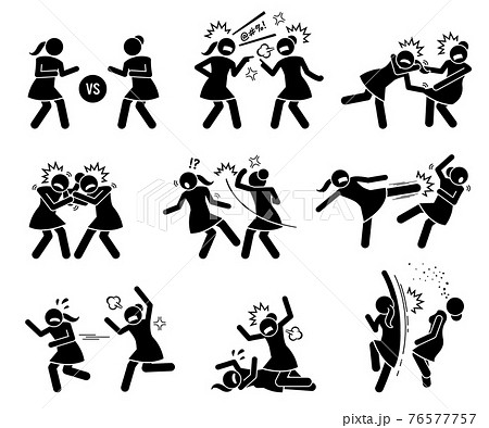 Girls fighting in a cat fight stick figure. Vector illustrations of woman or female arguing, punching, kicking, and slapping in catfight. Girls fighting in a cat fight stick figure. Vector illustrations of woman or female arguing, punching, kicking, and slapping in catfight. 76577757