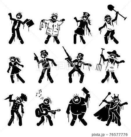 Zombie infected undead character designs. Vector illustration of businessman, doctor, nurse, construction worker, sexy girl, police, soldier, farmer, chef, rock star, fat man, and king become zombie. 76577776