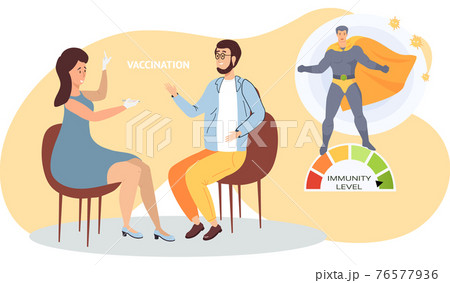 Virus vaccination, doctor propose syringe to patient. Immunity level increases due to injection Virus vaccination, doctor propose syringe to patient. Immunity level increases due to injection 76577936