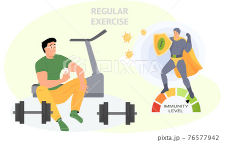 Immunity level increases due to sports. Man exercising with dumbbells on background of threadmill Immunity level increases due to sports. Man exercising with dumbbells on background of threadmill 76577942