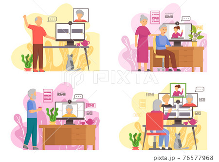 Old people play video game. Senior people with different gadgets. Oldster education on computer 76577968