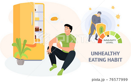 Man eats fatty foods from fridge. Immunity level decreases due to poor nutrition. Unhealthy habit 76577999