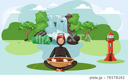 Girl in wetsuit, plants and nature in Jeju. Bowl of seafood, national dish of island 76578162
