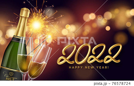 Happy new year 2022 illustration with golden realistic number 2022, glasses of champagne and fireworks sparks. Gold sequin blur bokeh background. Vector illustration 76578724