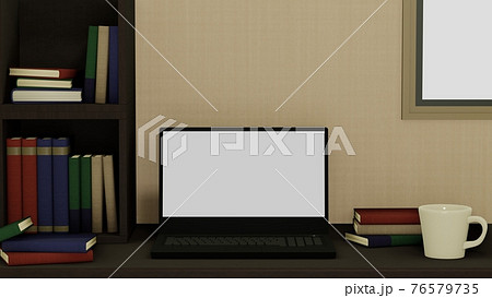 本棚とノートパソコンとコーヒーカップの背景 3dcg 部屋 書斎のイラスト素材