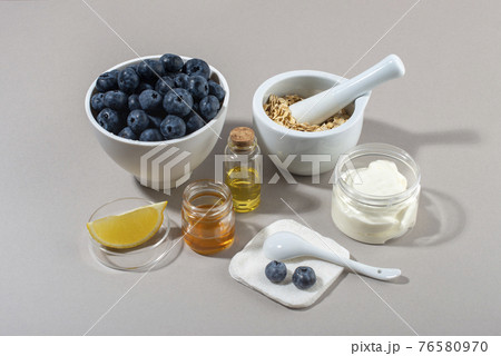 Blueberry face mask ingredients. DIY homemade natural skin care product. 76580970