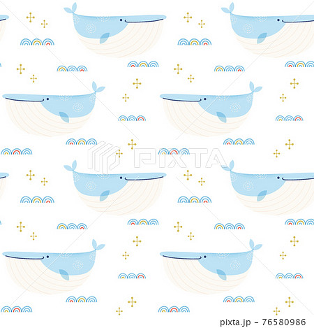 かわいいクジラと波のシームレスパターンのイラスト素材