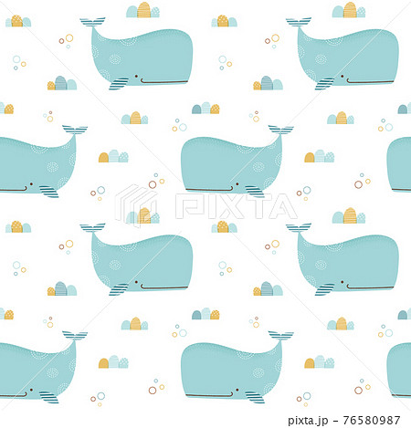 かわいいクジラと波のシームレスパターンのイラスト素材 かわいいクジラと波のシームレスパターンのイラスト素材