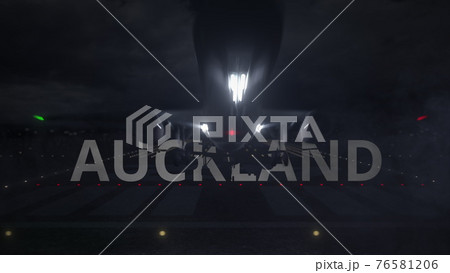 Commercial plane taking off from the airport runway and AUCKLAND text, 3d rendering Commercial plane taking off from the airport runway and AUCKLAND text, 3d rendering 76581206