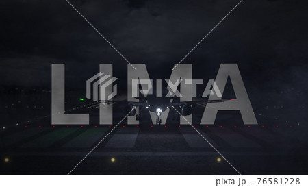 LIMA text and commercial plane taking off from the airport runway at night, 3d rendering 76581228