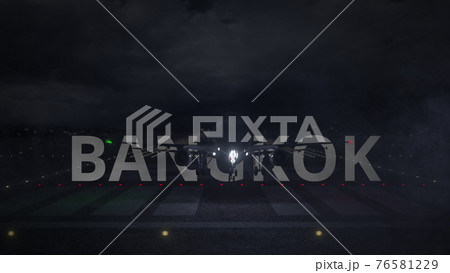 BANGKOK city name and airplane taking off from the airport at night. 3d rendering 76581229