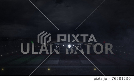 ULAN BATOR text and commercial plane taking off from the airport runway at night, 3d rendering 76581230