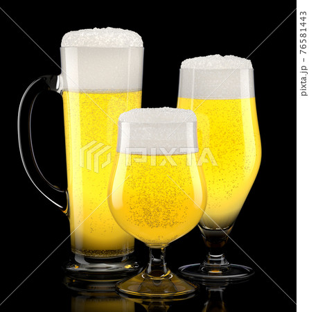 Set of fresh light beer glasses with bubble froth isolated on black background. 76581443