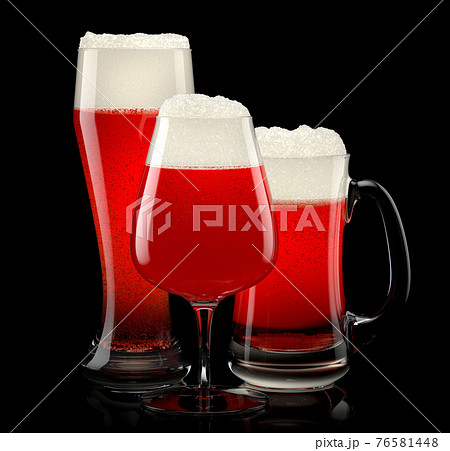 Set of fresh draft beer glasses with bubble froth isolated on black background. 76581448