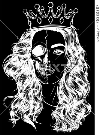 white silhouette of Skull girl with a crown. on black background 76583387