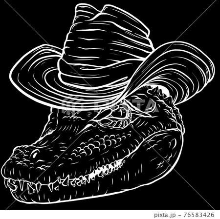 white silhouette of ferocious alligator head with hat on black background white silhouette of ferocious alligator head with hat on black background 76583426