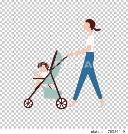 A woman pushing a stroller on which a baby sits A woman pushing a stroller on which a baby sits 76586449