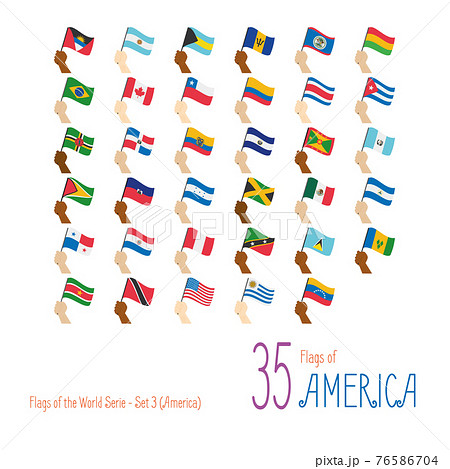 Set of 35 flags of America. Hand raising the national flags of 35 countries of America. Icon set Vector Illustration. 76586704