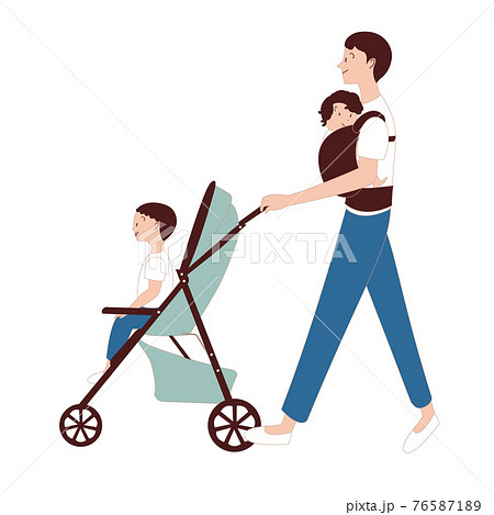 子どもが座るベビーカーと抱っこ紐で赤ちゃんを抱っこする男性 横 のイラスト素材