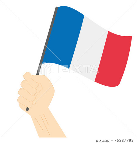 Hand holding and raising the national flag of France 76587795