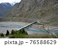 A bridge over a turquoise river in the vast snow-capped mountains of the Himalayas 76588629