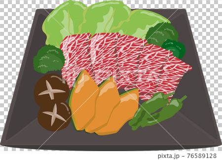 Grilled meat on a plate of vegetables and meat Grilled meat on a plate of vegetables and meat 76589128