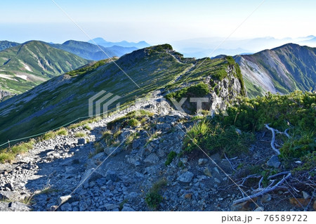 早朝の白馬岳山頂付近　小蓮華岳に続く稜線 76589722