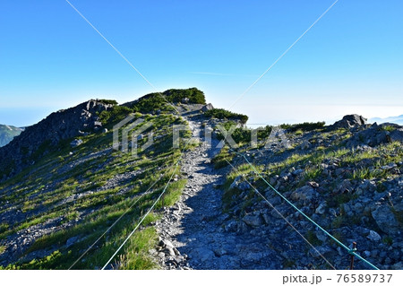 早朝の白馬岳山頂　小蓮華岳に続く稜線 76589737