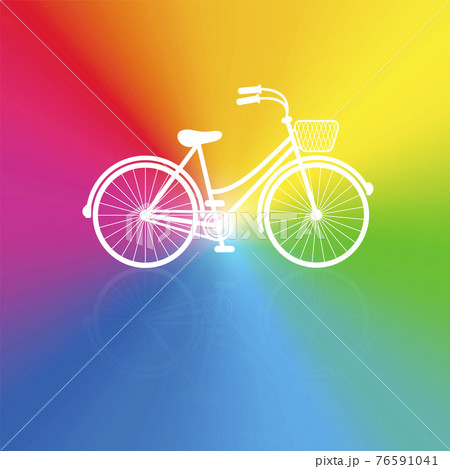 Bicycle on rainbow gradient background. White ladies bike with wire basket. Colorful vector illustration. Bicycle on rainbow gradient background. White ladies bike with wire basket. Colorful vector illustration. 76591041