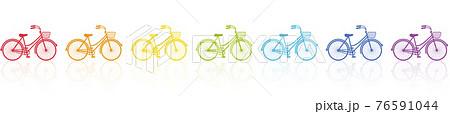 Ladies bikes, rainbow colored collection of bicycles with wire baskets. Isolated vector illustration on white background. Ladies bikes, rainbow colored collection of bicycles with wire baskets. Isolated vector illustration on white background. 76591044