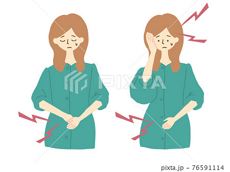 腹痛と頭痛の女性 腹痛と頭痛の女性 76591114