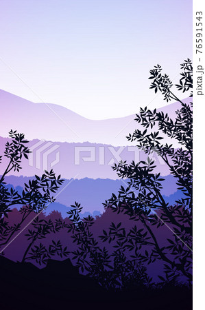 Natural forest mountains horizon hills silhouettes of trees. Evening Sunrise and sunset. Landscape wallpaper. Illustration vector style. Colorful view background. 76591543