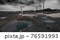 alone pink wild flamingo in industrial polluted are 76591993
