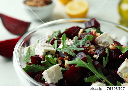 Concept of tasty eating with beet salad, close up 76593507