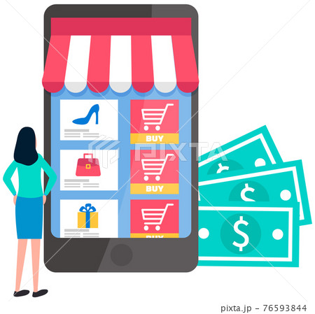Online shopping concept. Woman standing near her phone in form of trade stall chooses products Online shopping concept. Woman standing near her phone in form of trade stall chooses products 76593844