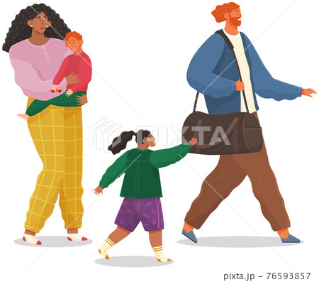 Angry man leaving family after conflict. Woman and man quarreling, father leaves thinking of divorce Angry man leaving family after conflict. Woman and man quarreling, father leaves thinking of divorce 76593857