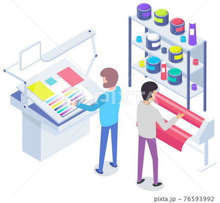 People working with equipment and shelving with paints. Office technique vector illustration People working with equipment and shelving with paints. Office technique vector illustration 76593992