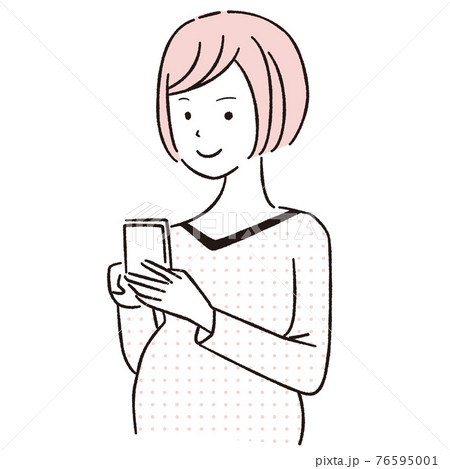 手描き1color マタニティ 妊婦が携帯電話を操作 斜め向きのイラスト素材